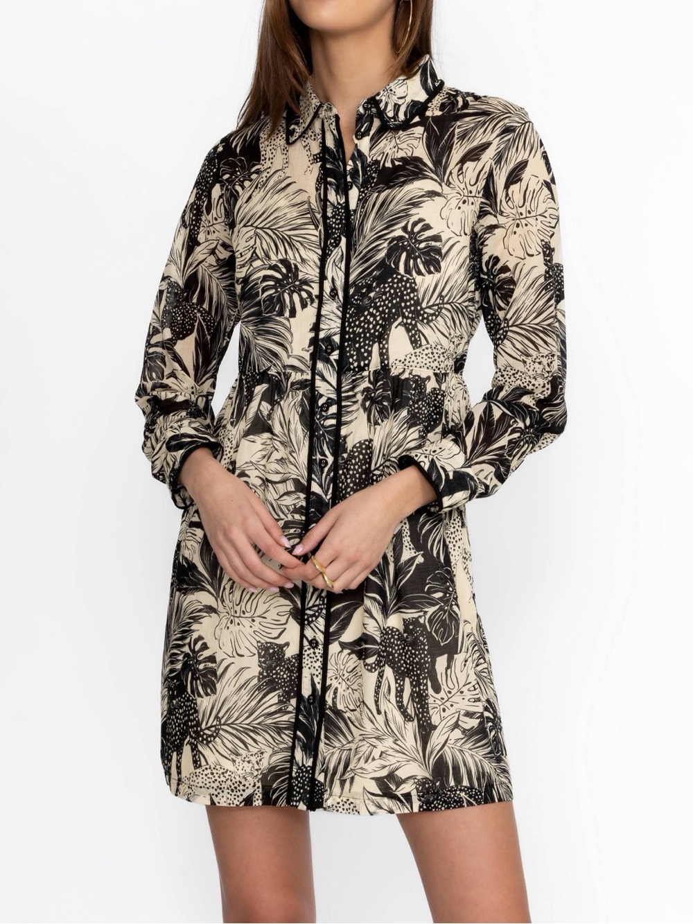 Johnny Was Piping Long Sleeve Shirt Dress in Black/Cream Size Large Resortwear